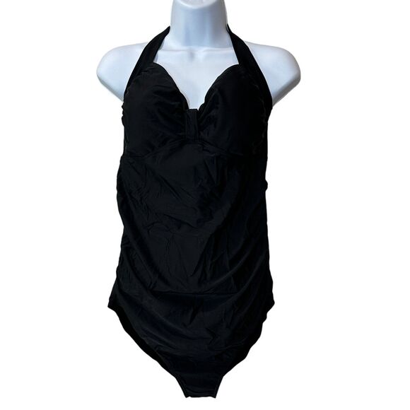 Kimi & Kai Halter Maternity Ruched Bodice One Piece Swimsuit Black Women M NWOT - Picture 2 of 10